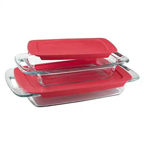 Pyrex Easy Grab 4-Piece Glass Baking Dish Set with Lids, 3-Qt & 2-Qt Glass Bakeware Set, Non-Toxic, BPA-Free Lids, Tempered Glass Bakeware Set