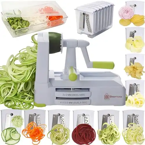 Brieftons 10-Blade Vegetable Spiralizer: Strongest-Heaviest Duty Spiral Slicer, Best Veggie Pasta Spaghetti Maker for Low Carb/Paleo/Gluten-Free, With Container, Lid, Blade Caddy, 4 Recipe Ebooks