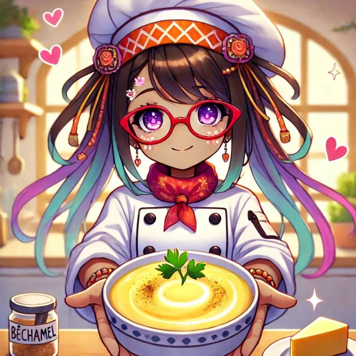 animated chef maika with rainbow dreadlocks holding a bowl of bechamel.