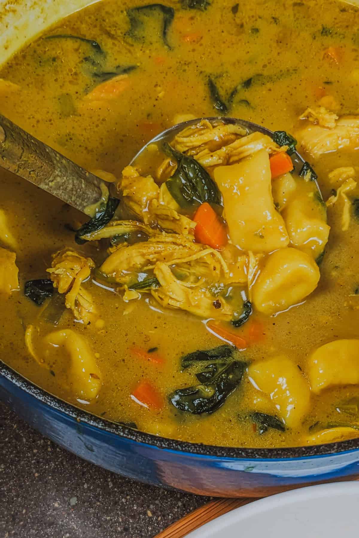 Creamy curry coconut chicken gnocchi soup with vibrant vegetables in a rustic blue pot.