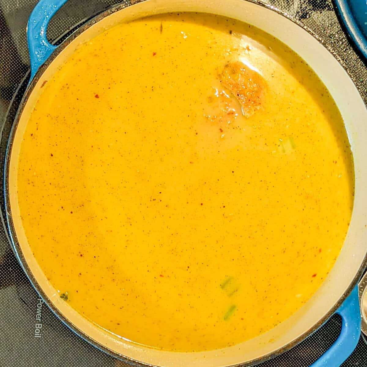 Creamy curry coconut broth in a colorful enameled pot.