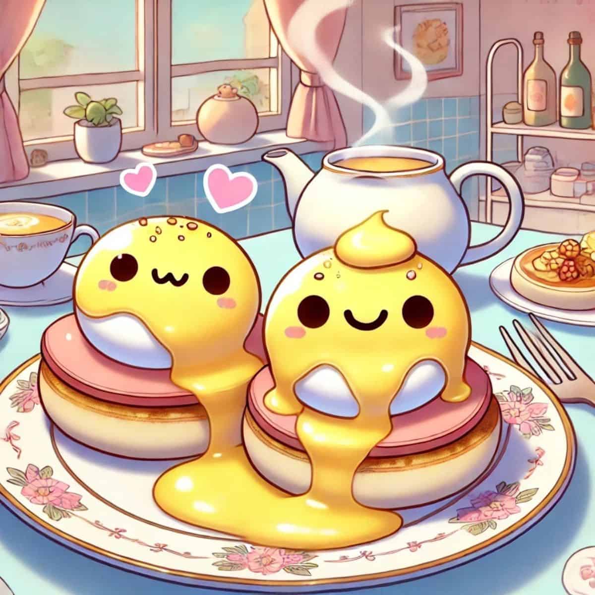 cute anime-style eggs benedict on a plate in a cozy tea cafe shop.