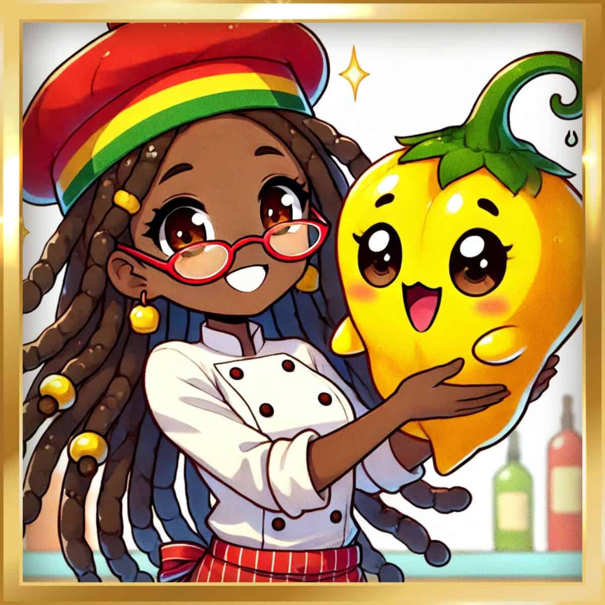 animated chef maika hugging a large animated scotch bonnet pepper.