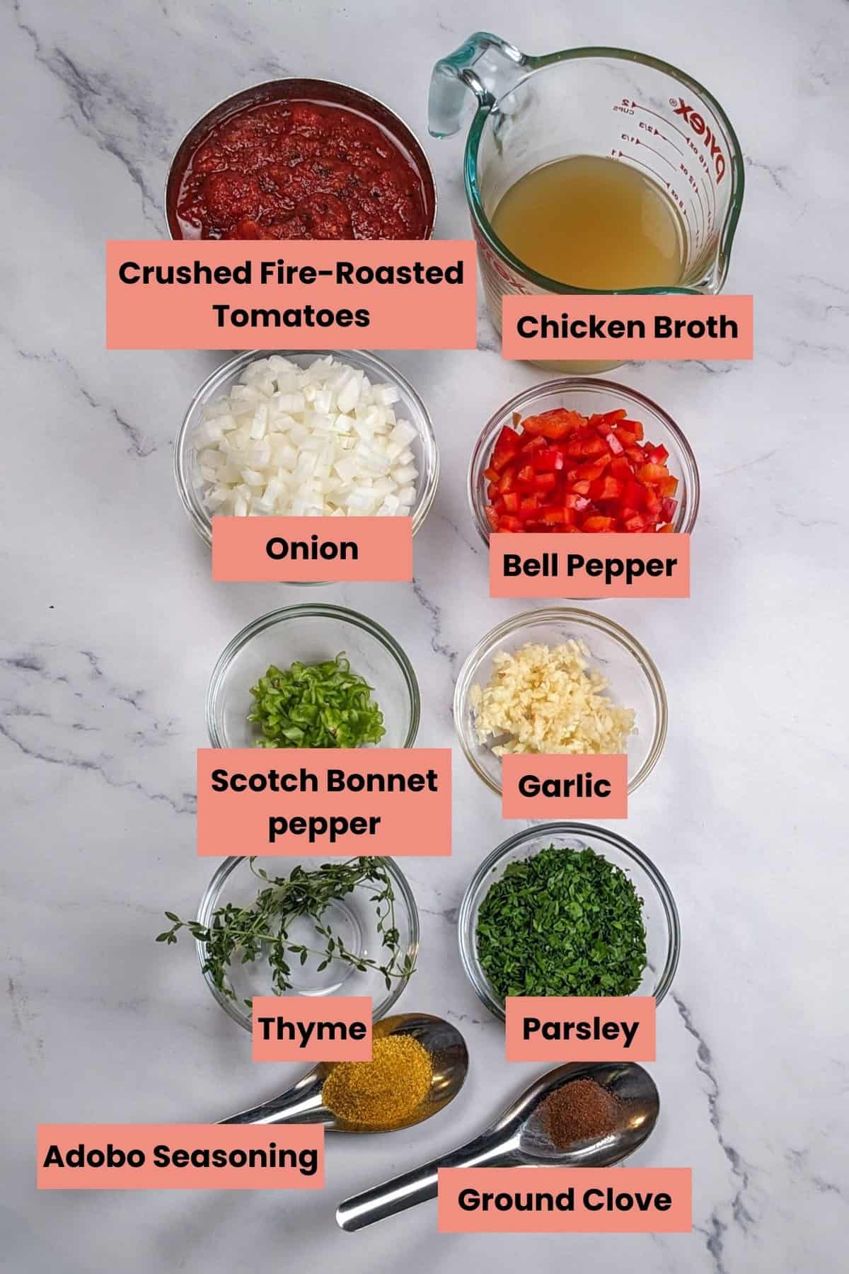 ingredients for the Haitian Style Creole Tomato Sauce labeled.