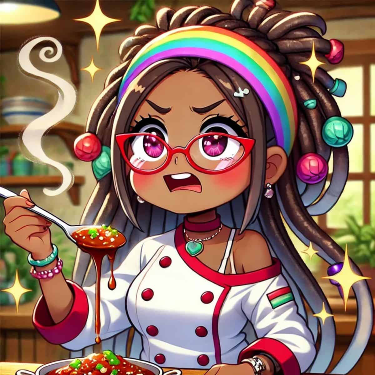 animated chef maika tasting something bad.