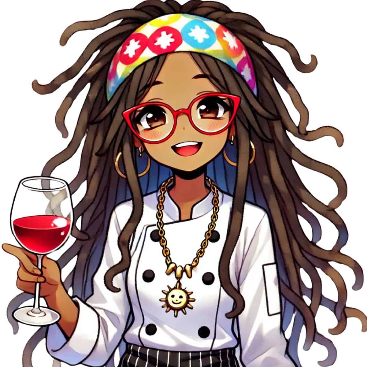 animated chef maika with a wine glass in hand.