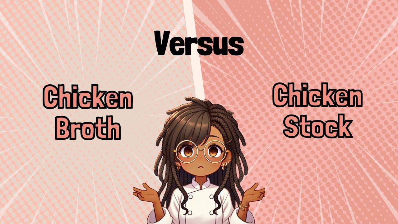 animated chef maika shrugging her shoulders with the image labeled chicken broth versus chicken stock