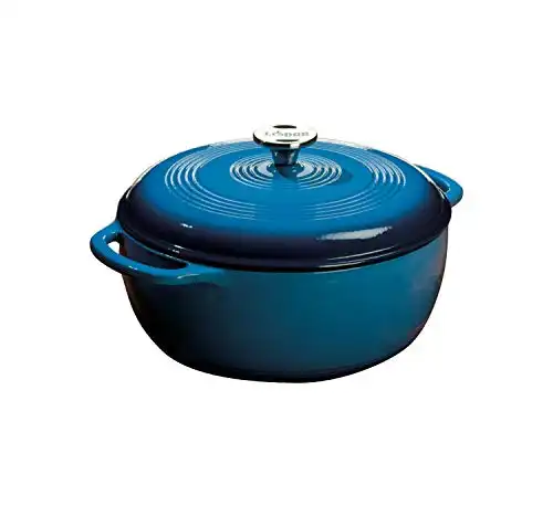 Lodge 6 Quart Enameled Cast Iron Dutch Oven with Lid Dual Handles Oven Safe up to 500 F or on Stovetop - Use to Marinate, Cook, Bake, Refrigerate and Serve Blue