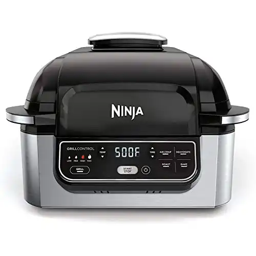 Ninja AG301 Foodi 5-in-1 Indoor Grill with Air Fry, Roast, Bake & Dehydrate, Black/Silver, 4-Quart Crisper Basket & 6-Quart Cooking Pot