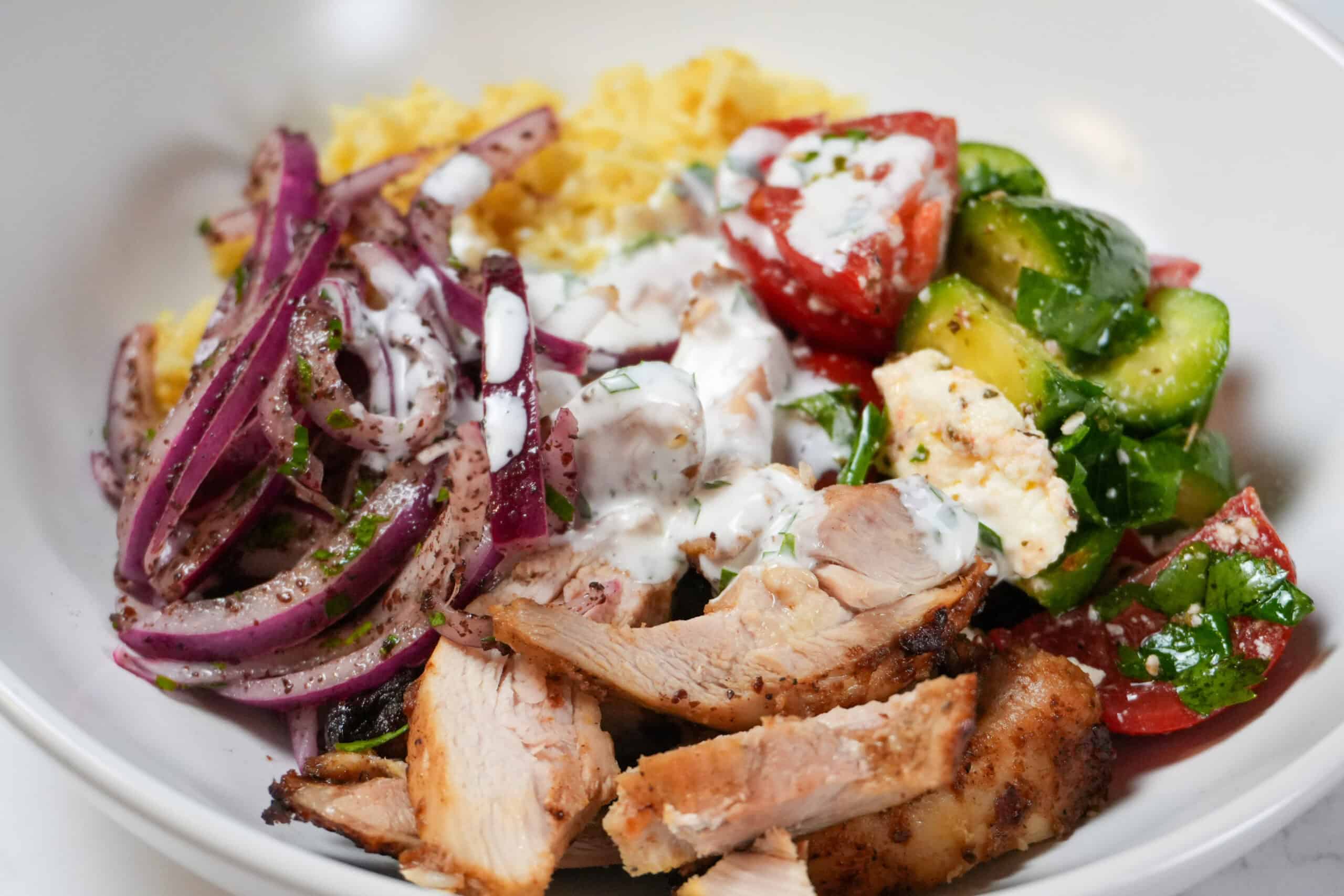 close up of the Air Fryer Shawarma Chicken Rice Bowl Beituti.