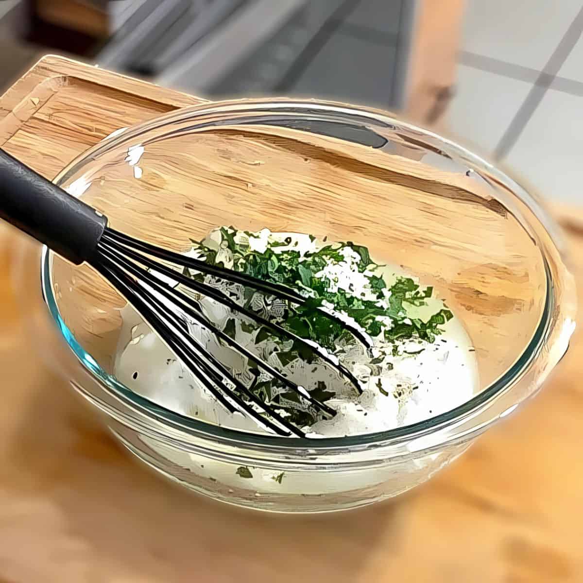 lemon greek yogurt with chopped parsley on top in a glass mixing bowl with a silicone whisk.