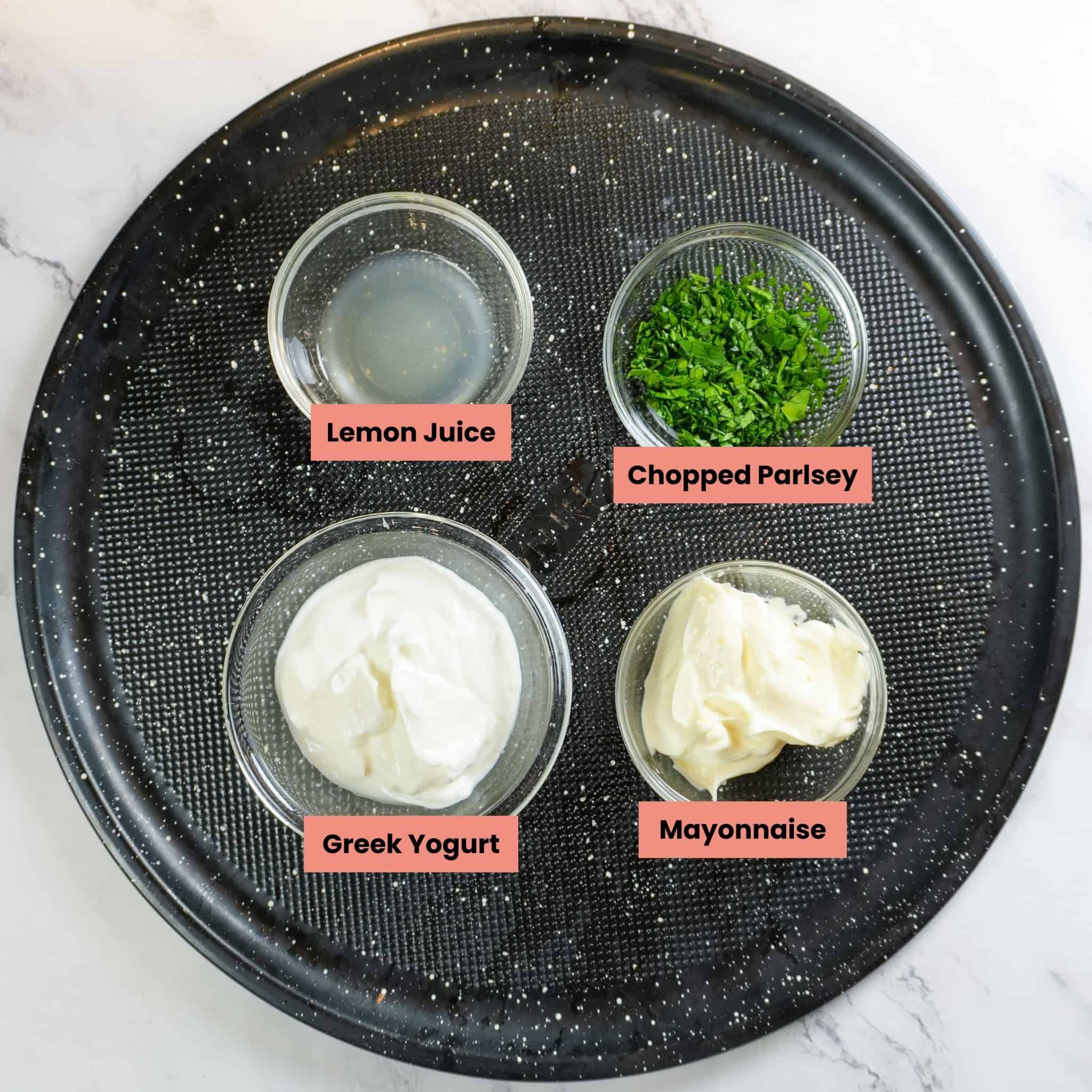 labeled ingredients for the lemon greek yogurt dressing.