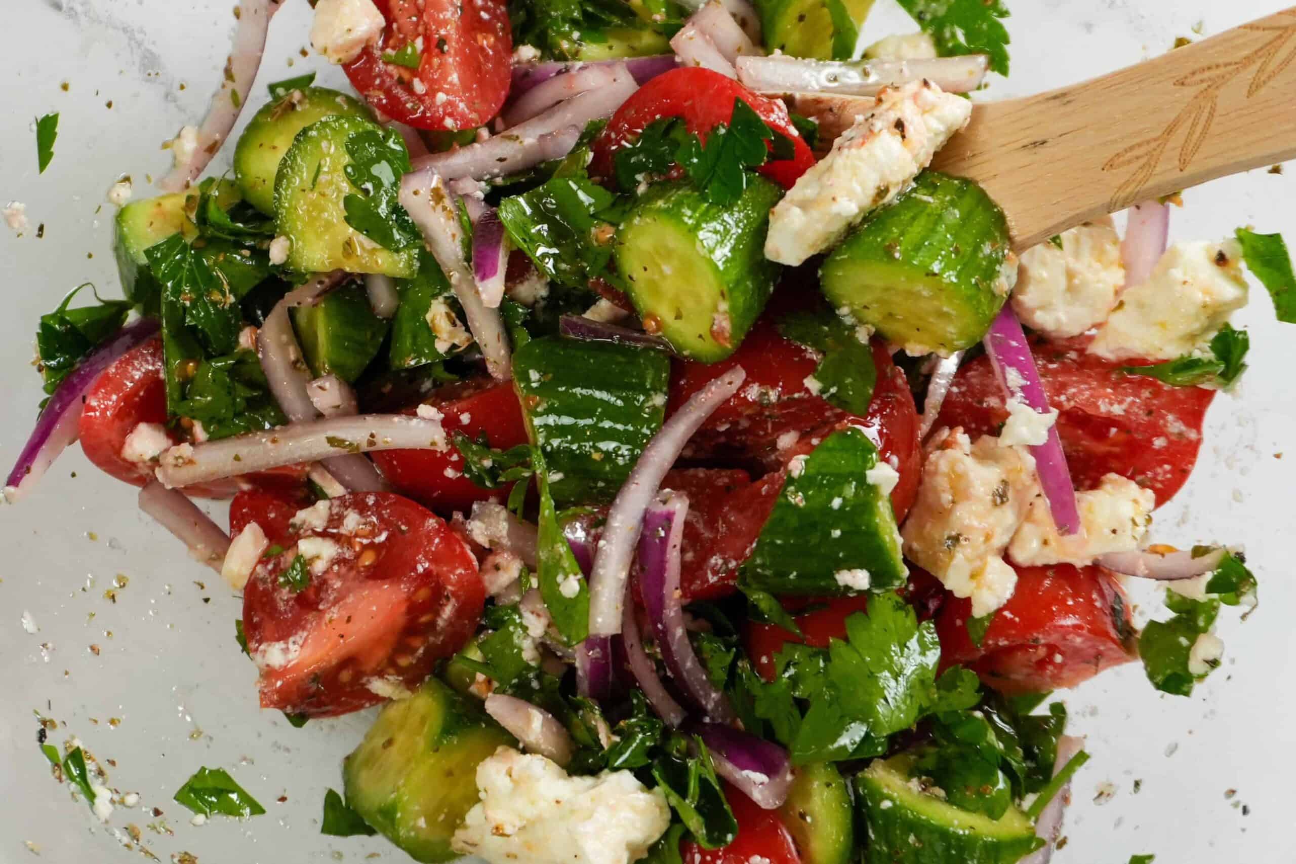 top view of the Parsley Cucumber Tomato Feta Salad.