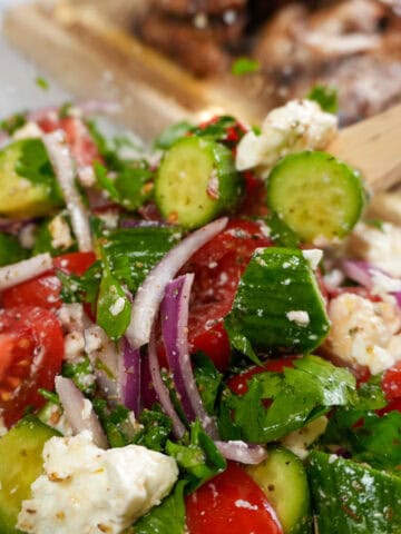 close up of the Parsley Cucumber Tomato Feta Salad.