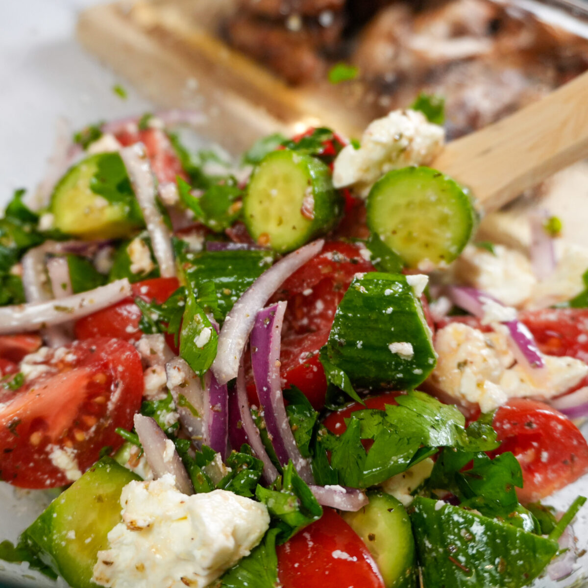 close up of the Parsley Cucumber Tomato Feta Salad.