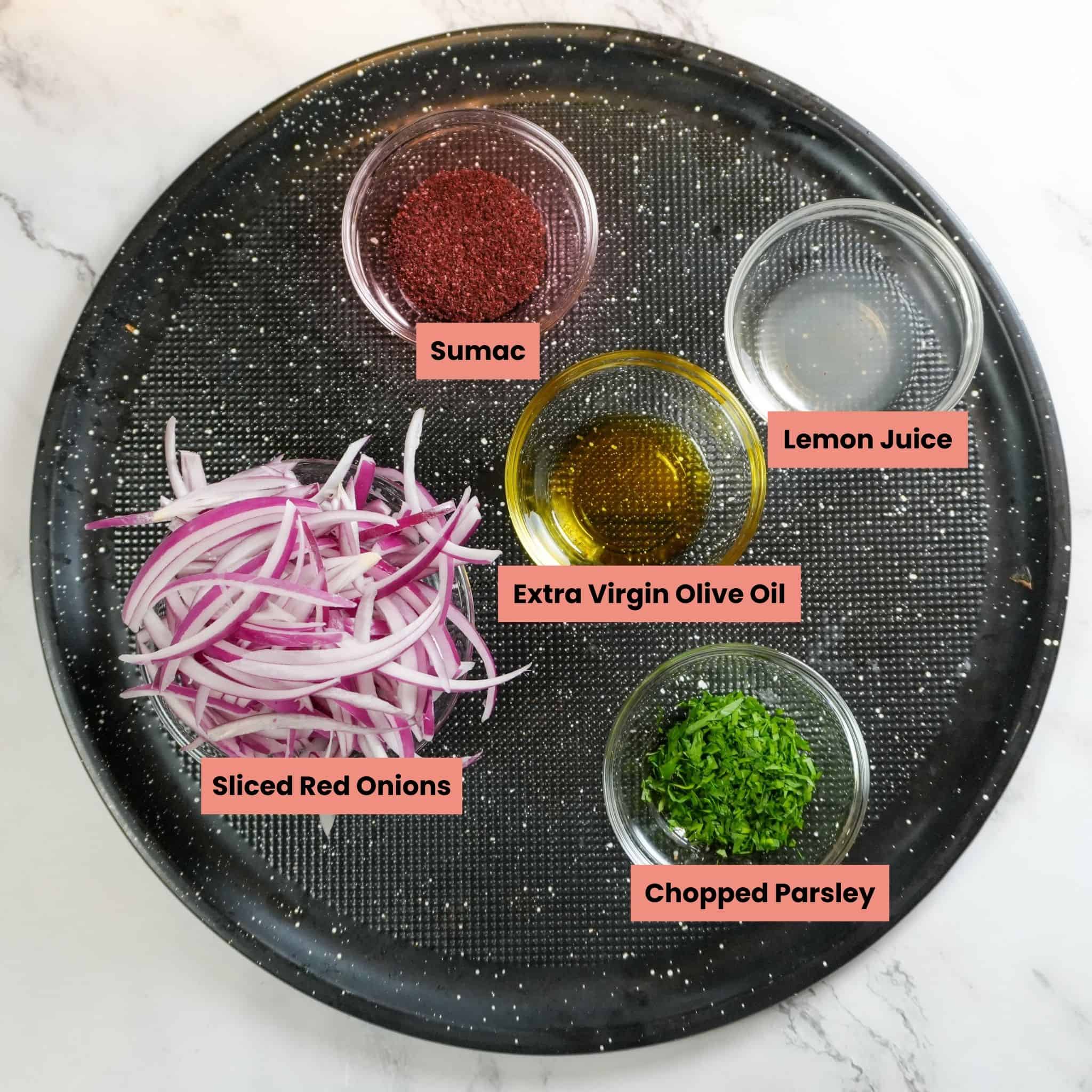 labeled ingredients to make sumac marinated onions.