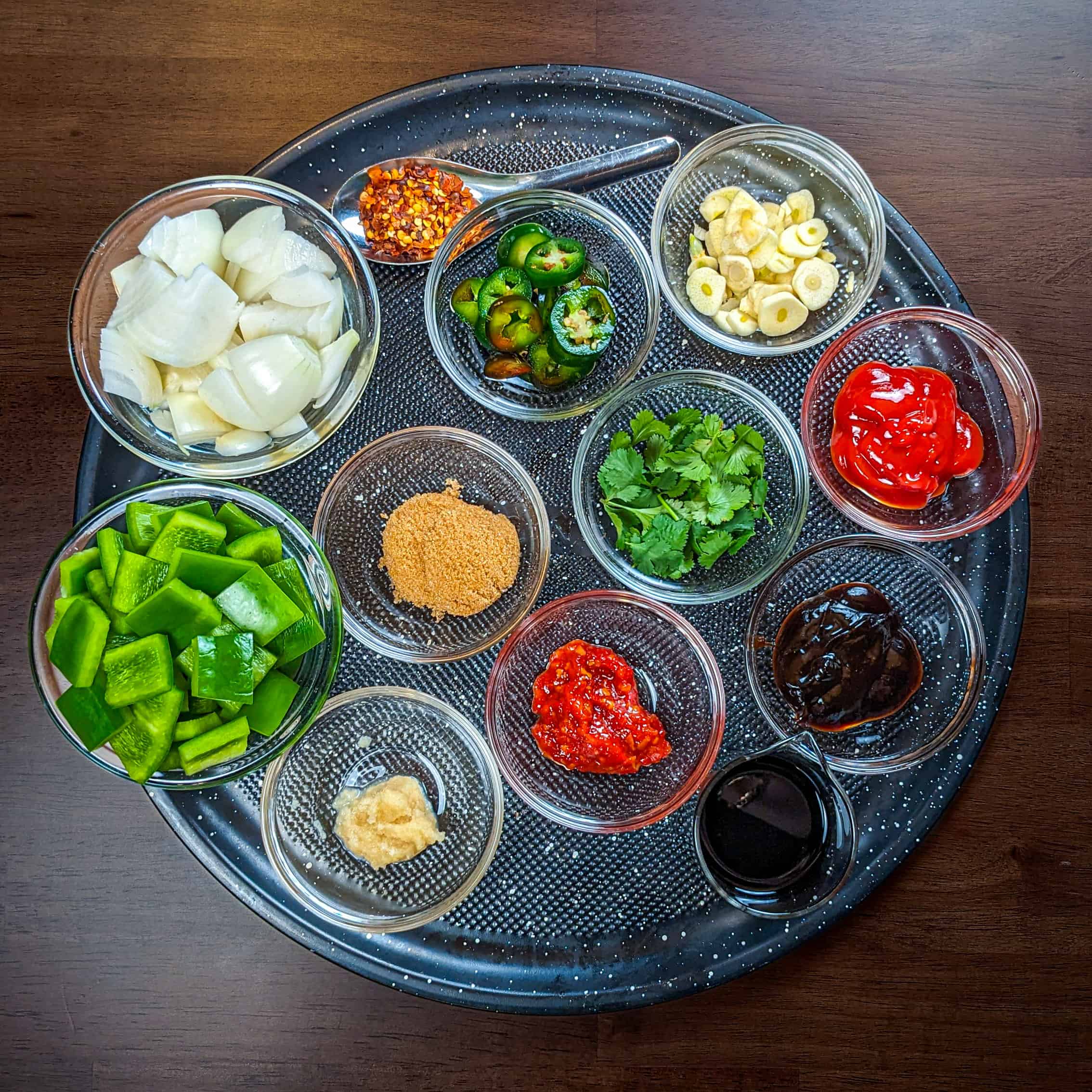 top view of ingredients for the sauce for the chili momo