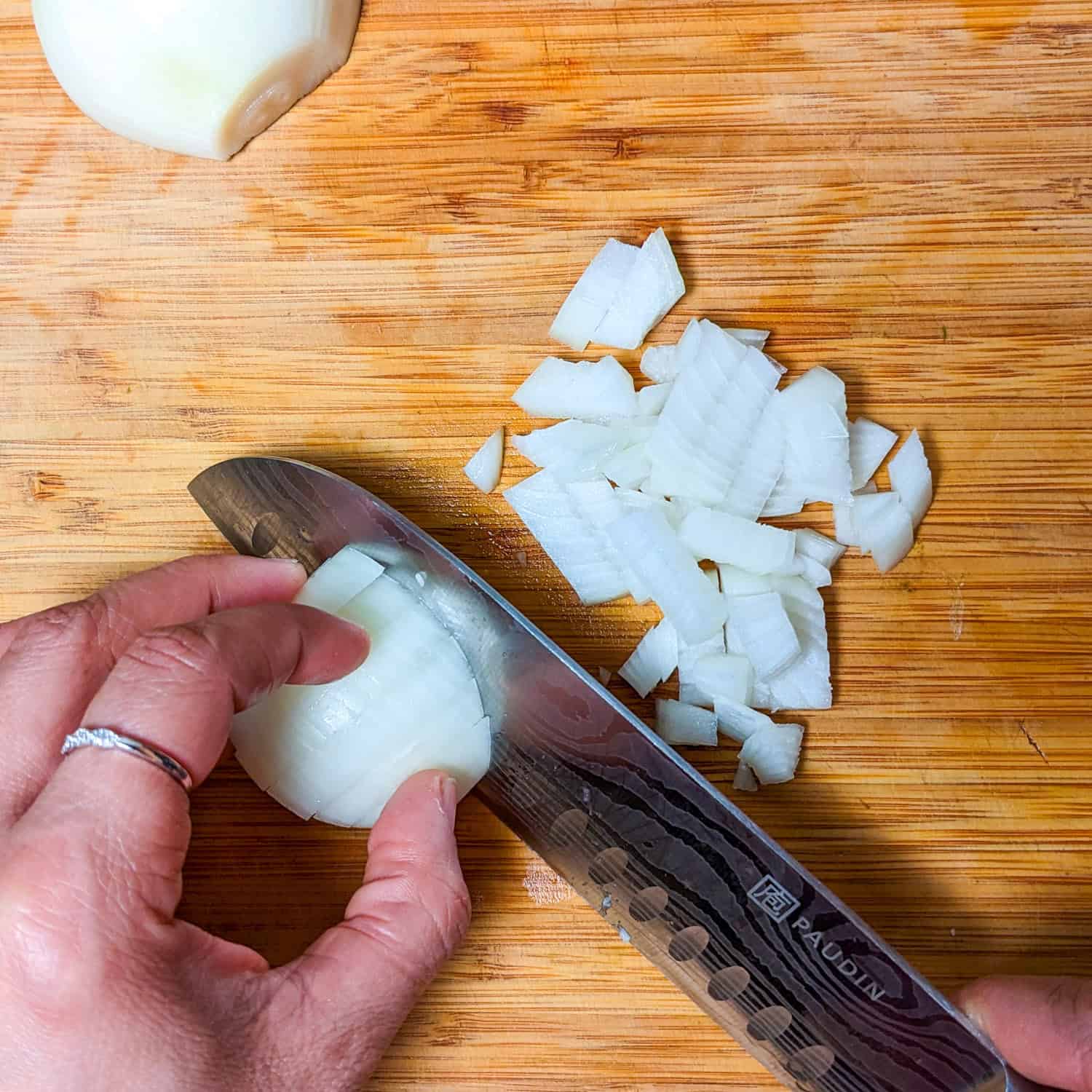 half way through chopping the onion.