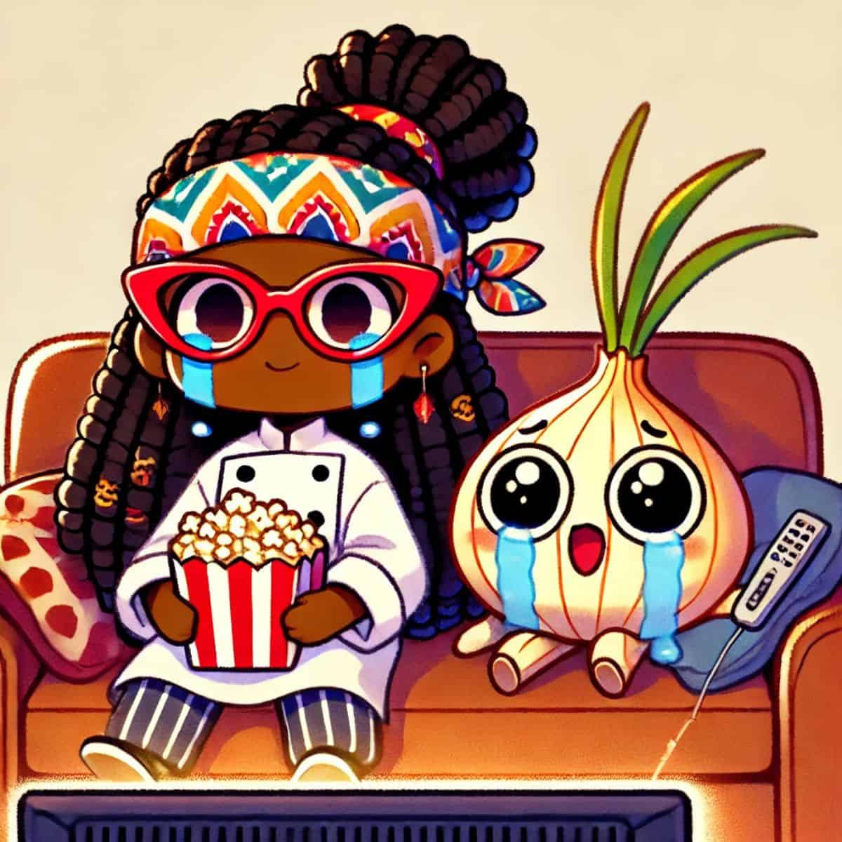 animated Chef Maika sitting on the couch with an animated onion crying while watching a movie.