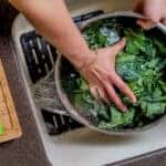 hands holding the greens with the bowl tilted to pour out the water.